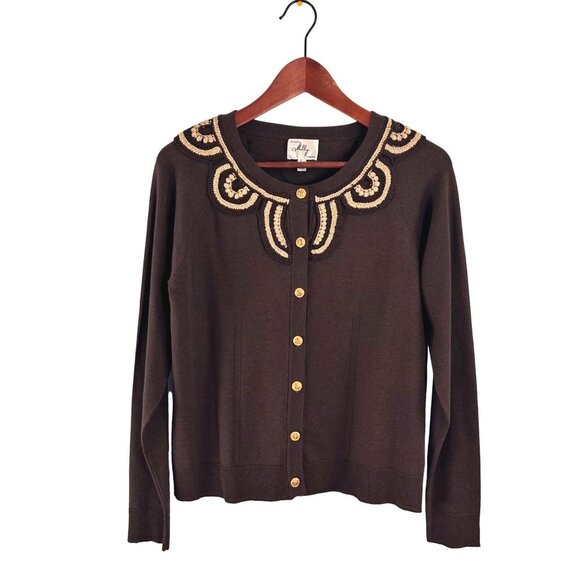 Milly of New York Cardigan Sweater Large Brown Silk Gold Crochet Embroidery Chic - Picture 2 of 15